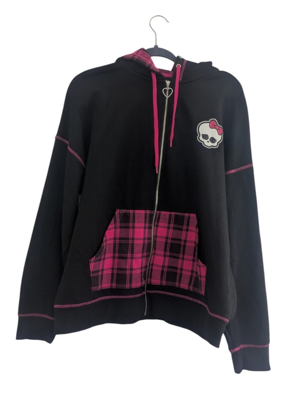 Monster High Black Pink Plaid Studded Zip Hoodie